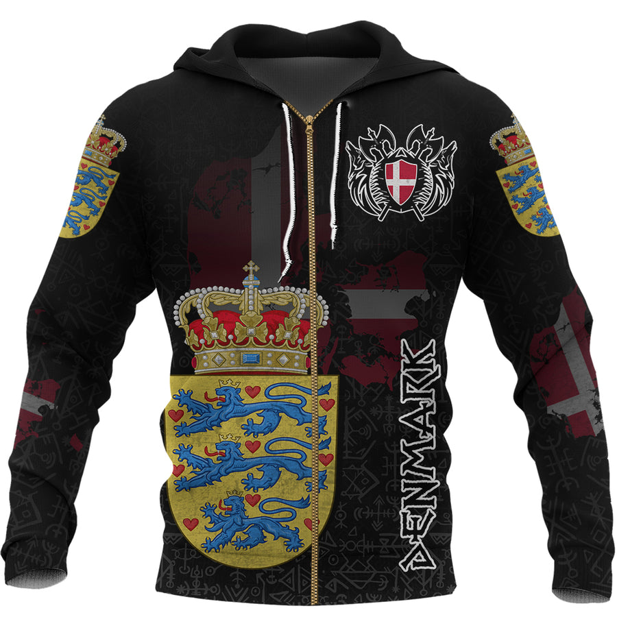 (Custom) Tspinners - Denmark Flag and Map Zip Hoodiestyle Viking Geri & Freki A35