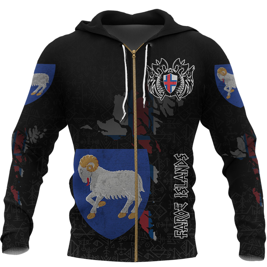 (Custom) Tspinners - Faroe Islands Flag and Map Zip Hoodie style Viking Geri & Freki A35
