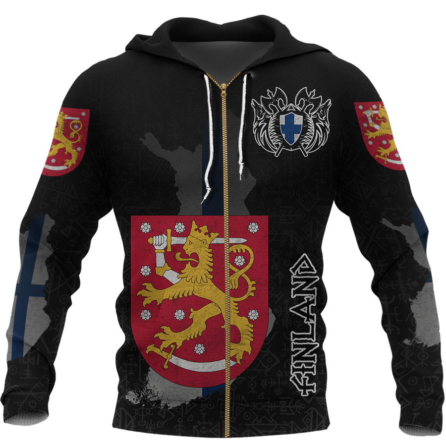(Custom) Tspinners - Finland Flag and Map Zip Hoodie style Viking Geri & Freki A35