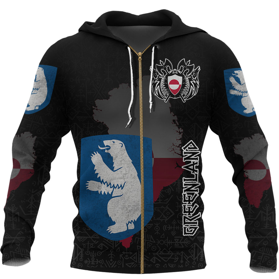 (Custom) Tspinners - Greenland Flag and Map Zip Hoodie style Viking Geri & Freki A35