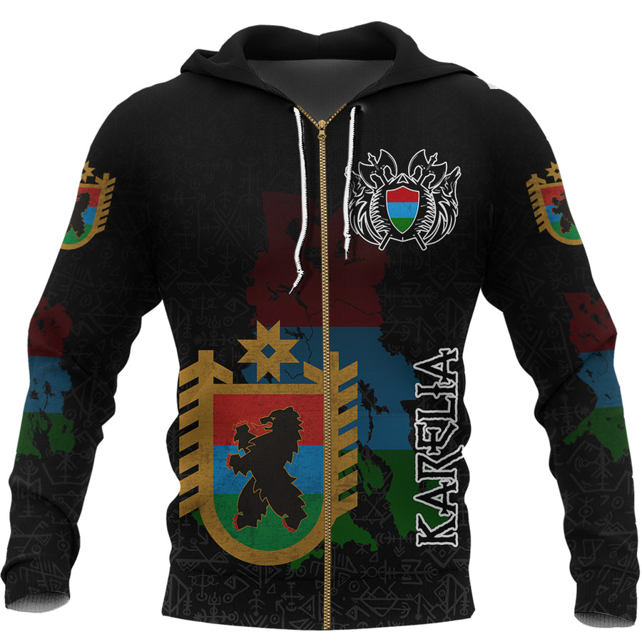 (Custom) Tspinners - Karelia Flag and Map Zip Hoodie style Viking Geri & Freki A35
