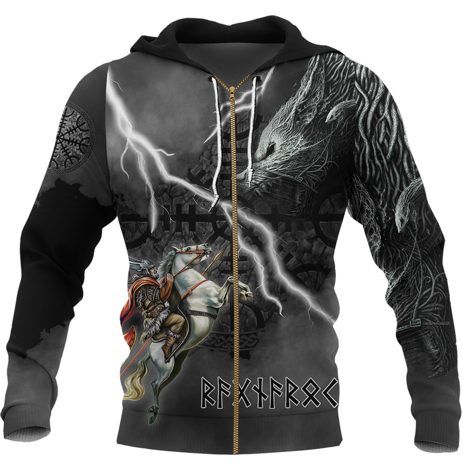 (Custom) Tspinners - Ragnarok Zip Hoodie Odin fight Fenrir on thunder background A35