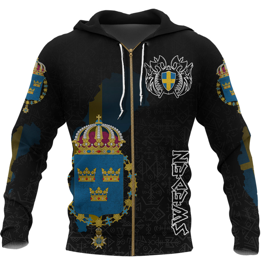 (Custom) Tspinners - Sweden Flag and Map (1) Zip Hoodie style Viking Geri & Freki A35