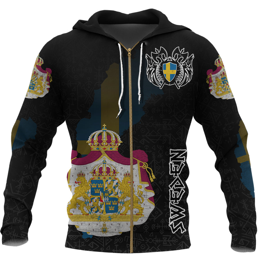 (Custom) Tspinners - Sweden Flag and Map Zip Hoodie style Viking Geri & Freki A35