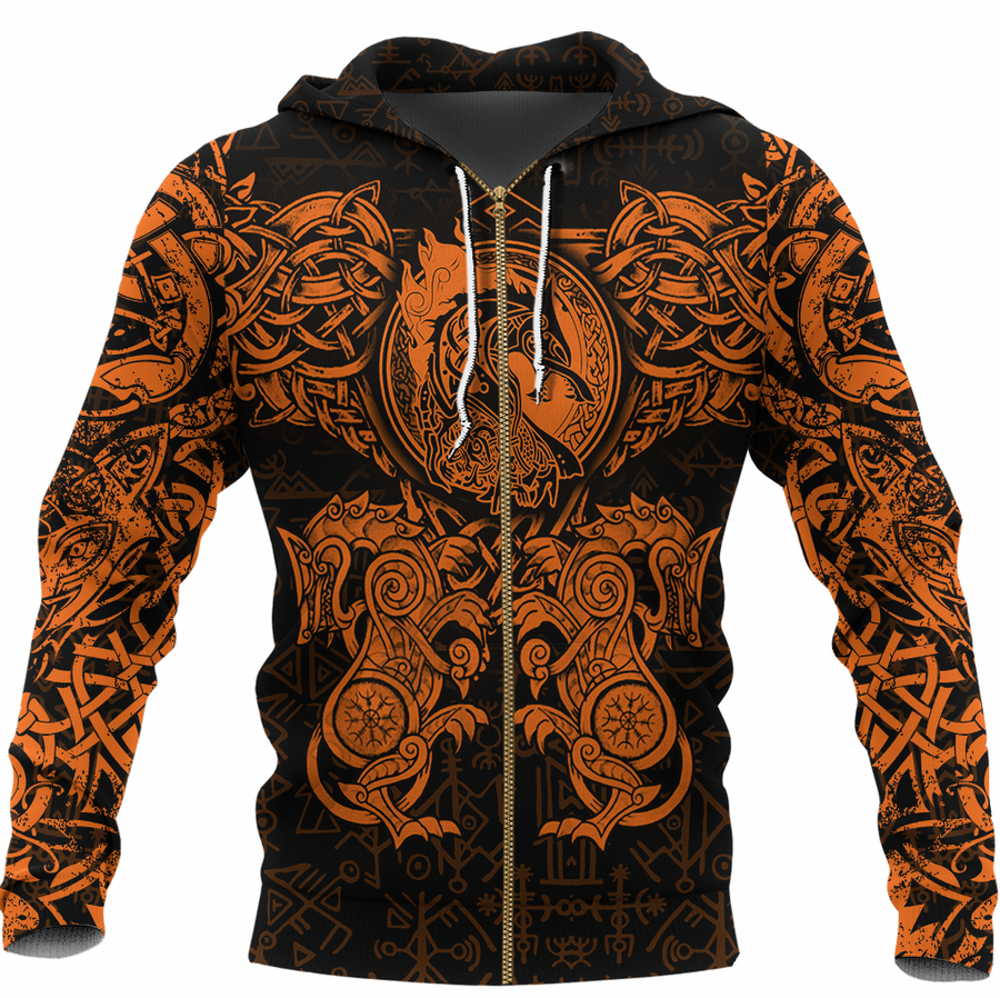 Tspinners Clothing - Viking Dragon and Wolf Tattoo Orange Zip Hoodie A31