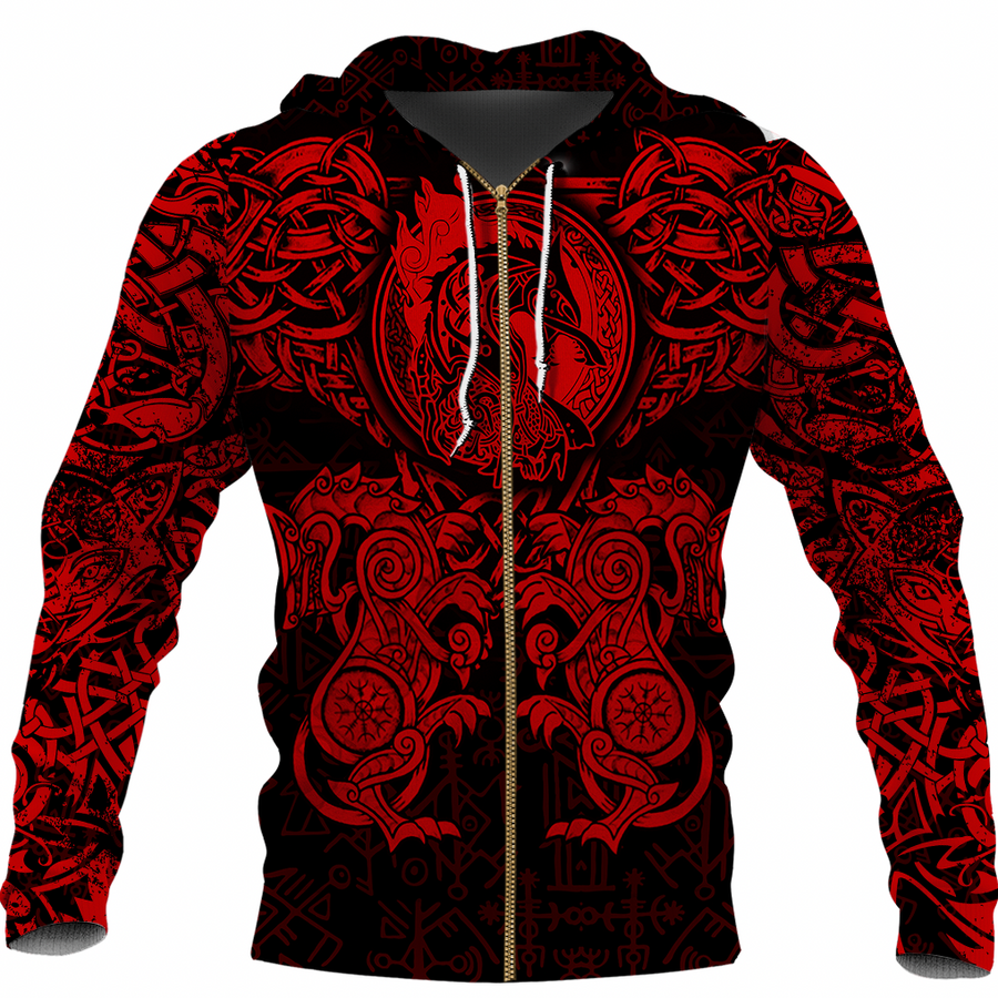 Tspinners Clothing - Viking Dragon and Wolf Tattoo Red Zip Hoodie A31
