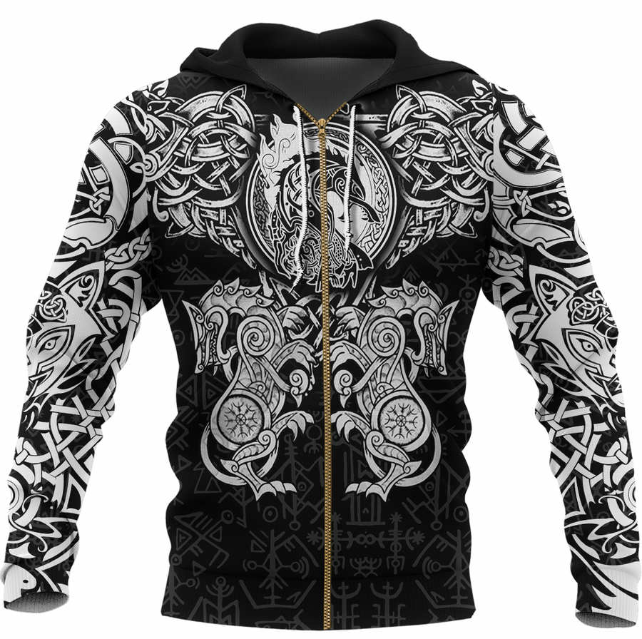 Tspinners Clothing - Viking Dragon and Wolf Tattoo Zip Hoodie A31
