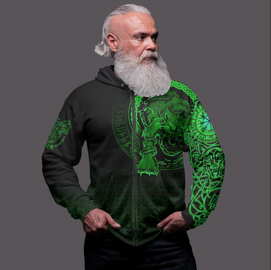 Tspinners Clothing - Viking Fenrir Norse 3D Green Zip Hoodie A31