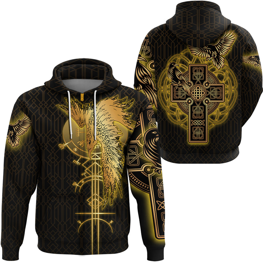 Tspinners Clothing -Viking Golden Ravens Tattoo Style Zip Hoodie A95