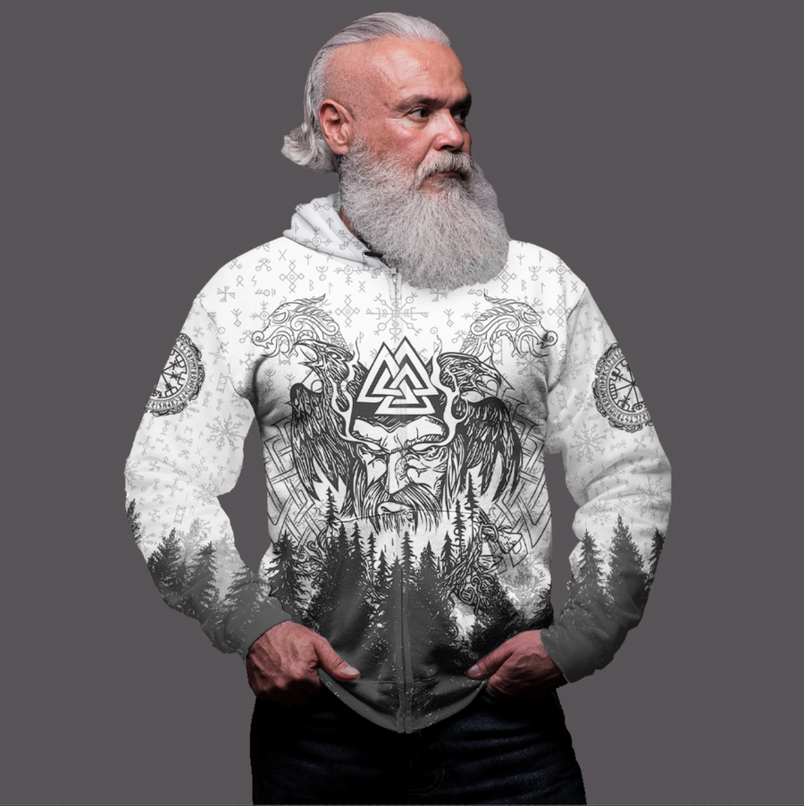 Tspinners Clothing - Viking Odin and Raven Forest Zip Hoodie A31