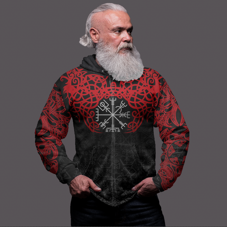 Tspinners Clothing - Viking Odin Helm Of Awe (Red) Zip Hoodie A31