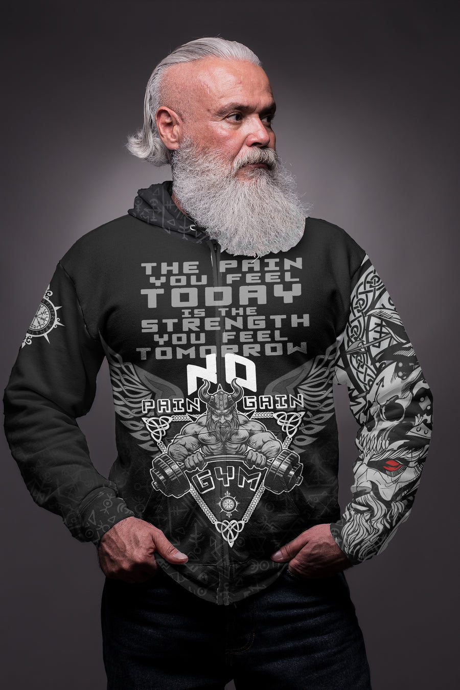 Tspinners Zip Hoodie - Viking Gym Vegvisir Style "No Pain No Gain" A35
