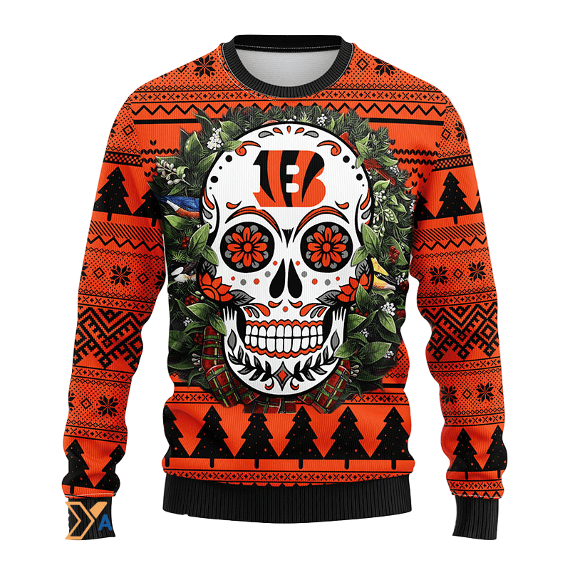 Black/Orange Skull Flower Ugly Christmas Sweater - Festive Holiday Fun