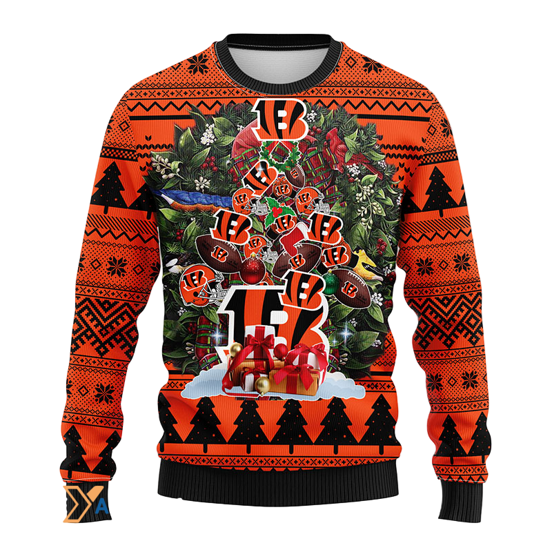 Festive Ugly Christmas Tree Sweater in Black/Orange Print