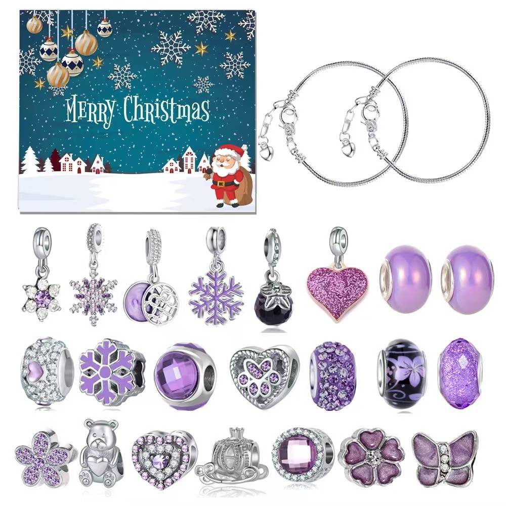Christmas Advent Calendar Charm Bracelet Set | Purple Snowflakes -2D Acrylic