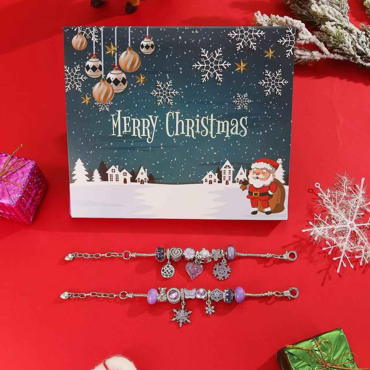 Christmas Advent Calendar Charm Bracelet Set | Purple Snowflakes -2D Acrylic