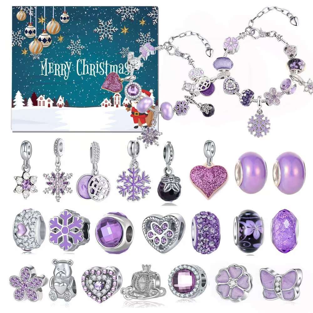Christmas Advent Calendar Charm Bracelet Set | Purple Snowflakes -2D Acrylic